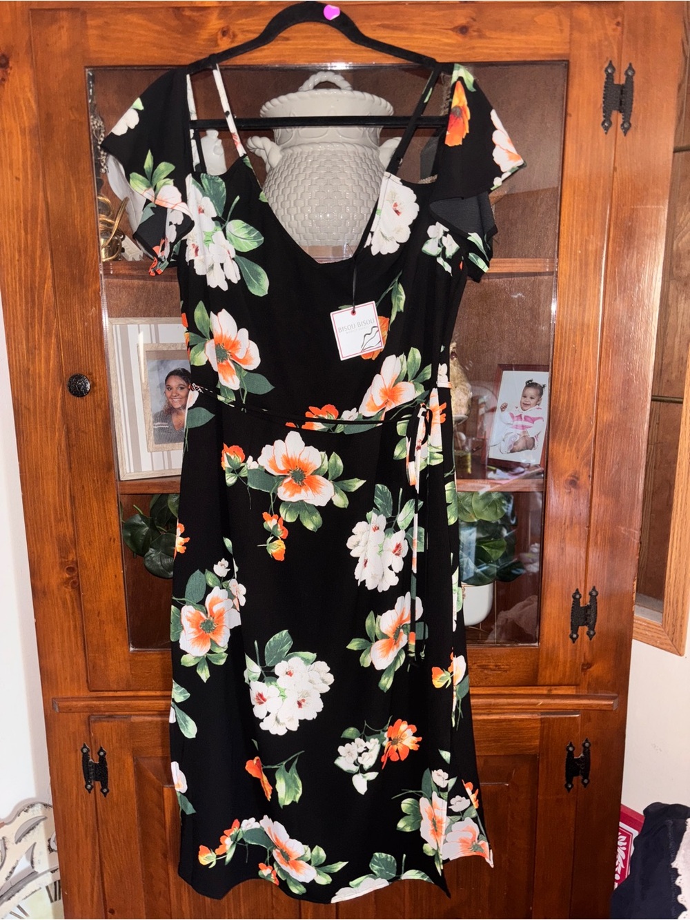 Bisou Bisou Sz.16 Black Floral Faux Wrap Midi Dress with Orange & White Blooms